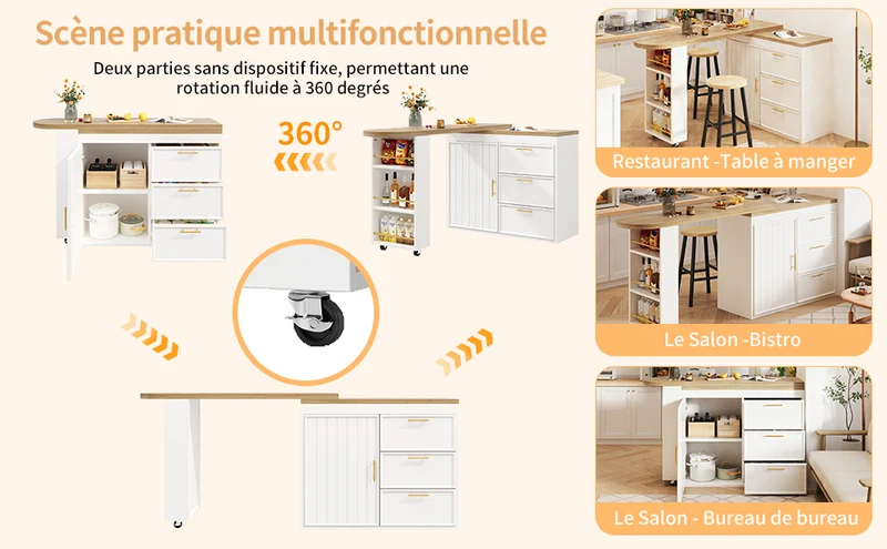 Table de bar blanche effet bois avec plateau pivotant 360° modulable 128-203cm CASCADERIFTEE