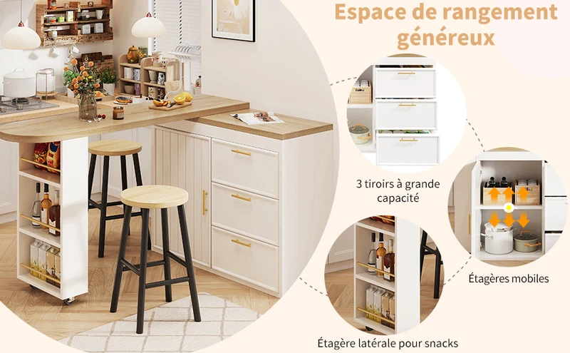 Table de bar blanche effet bois avec plateau pivotant 360° modulable 128-203cm CASCADERIFTEE