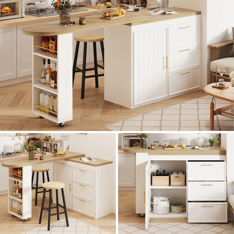 Table de bar blanche effet bois avec plateau pivotant 360° modulable 128-203cm CASCADERIFTEE