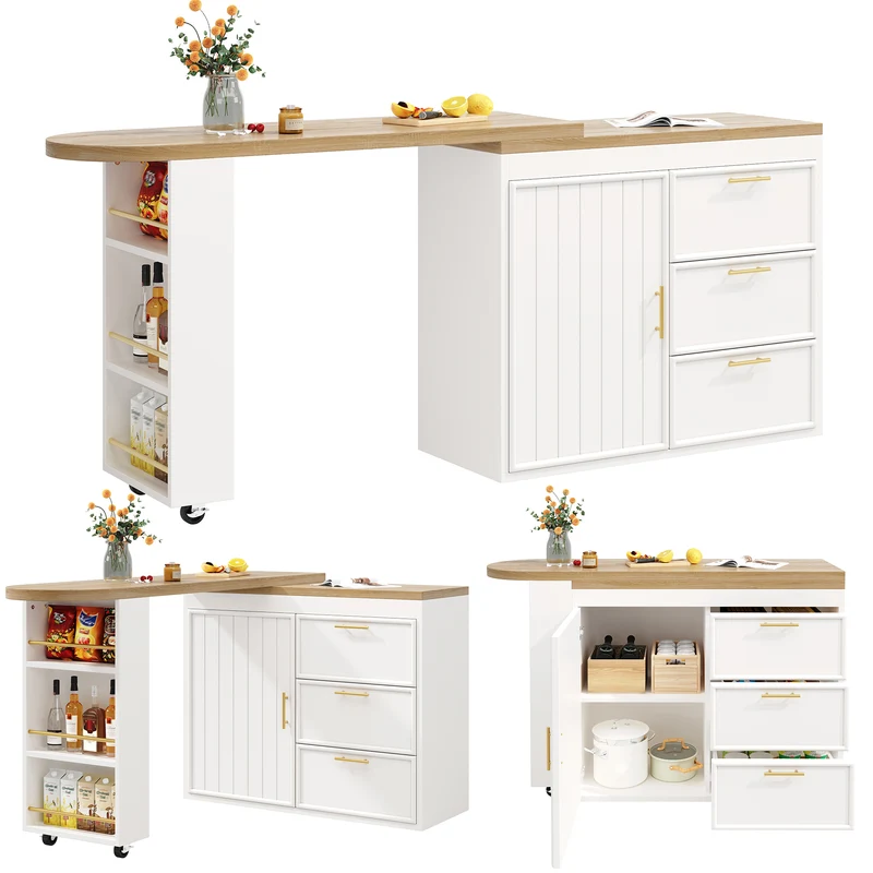 Table de bar blanche effet bois avec plateau pivotant 360° modulable 128-203cm CASCADERIFTEE