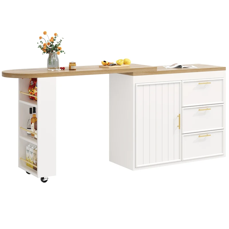 Table de bar blanche effet bois avec plateau pivotant 360° modulable 128-203cm CASCADERIFTEE