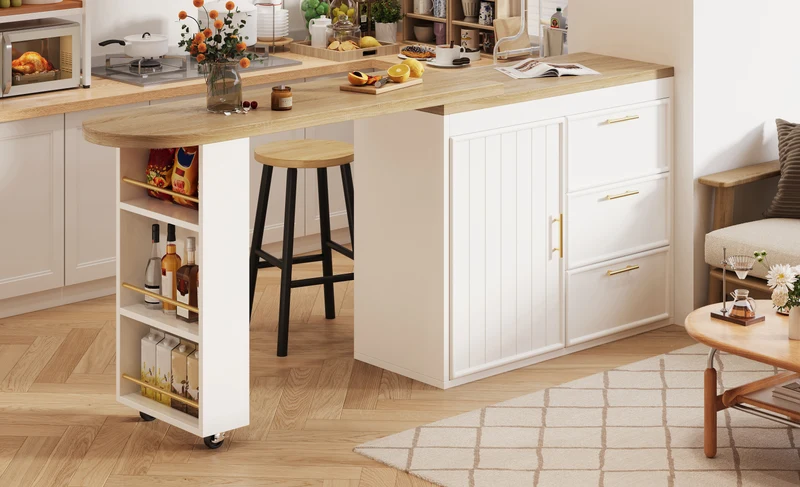 Table de bar blanche effet bois avec plateau pivotant 360° modulable 128-203cm CASCADERIFTEE