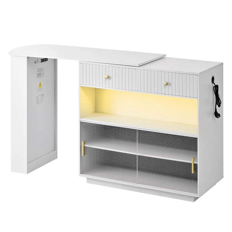 Table de bar blanc rotatif 360° portes en verre avec LED et prises CASCADERIFTXX