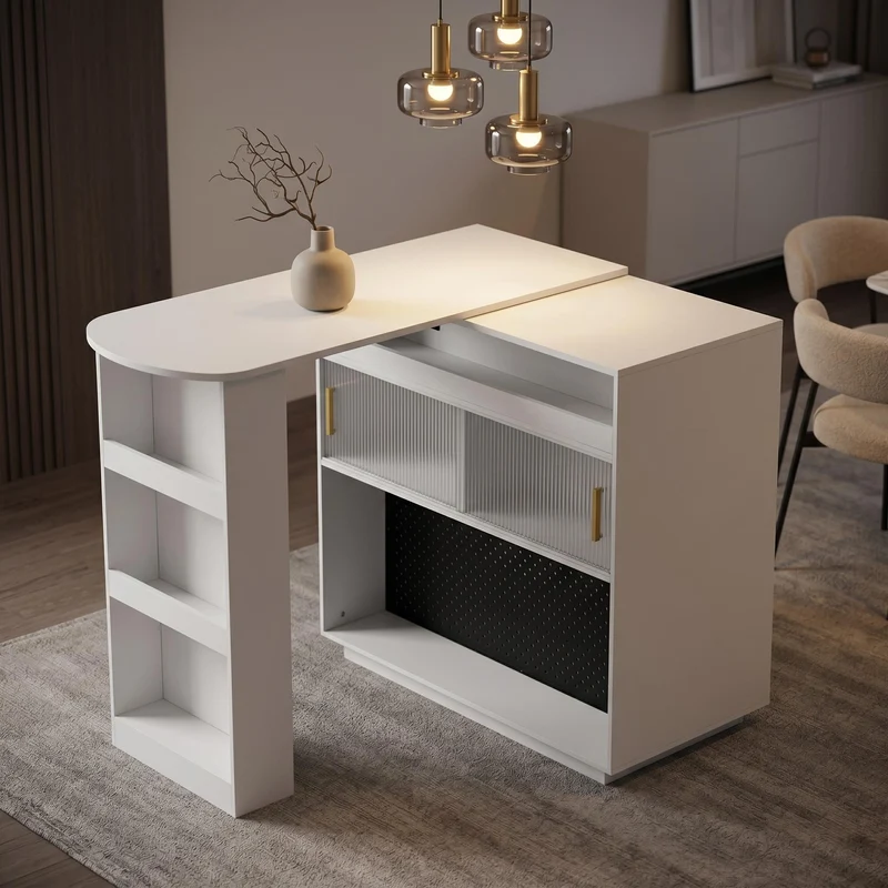 Table de bar blanc rotatif 360° portes en verre avec LED et prises CASCADERIFTXX