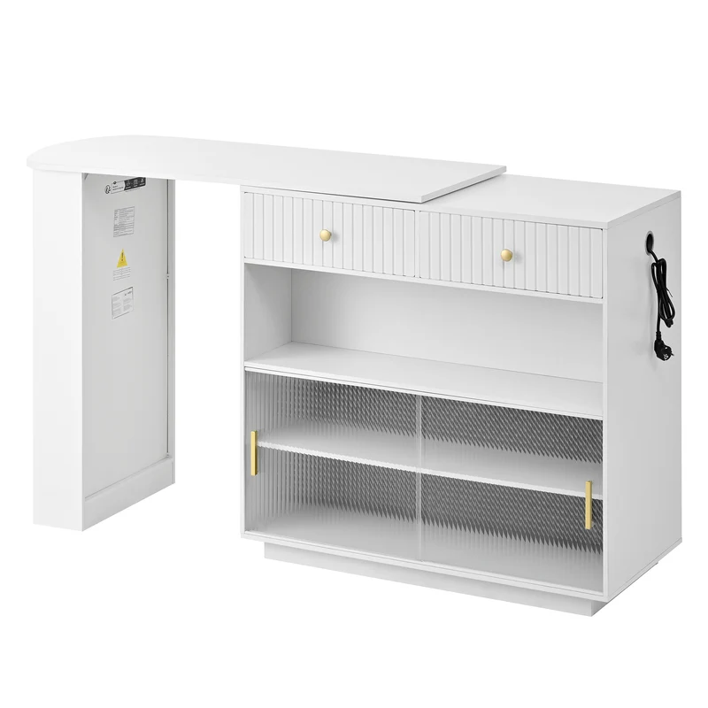 Table de bar blanc rotatif 360° portes en verre avec LED et prises CASCADERIFTXX