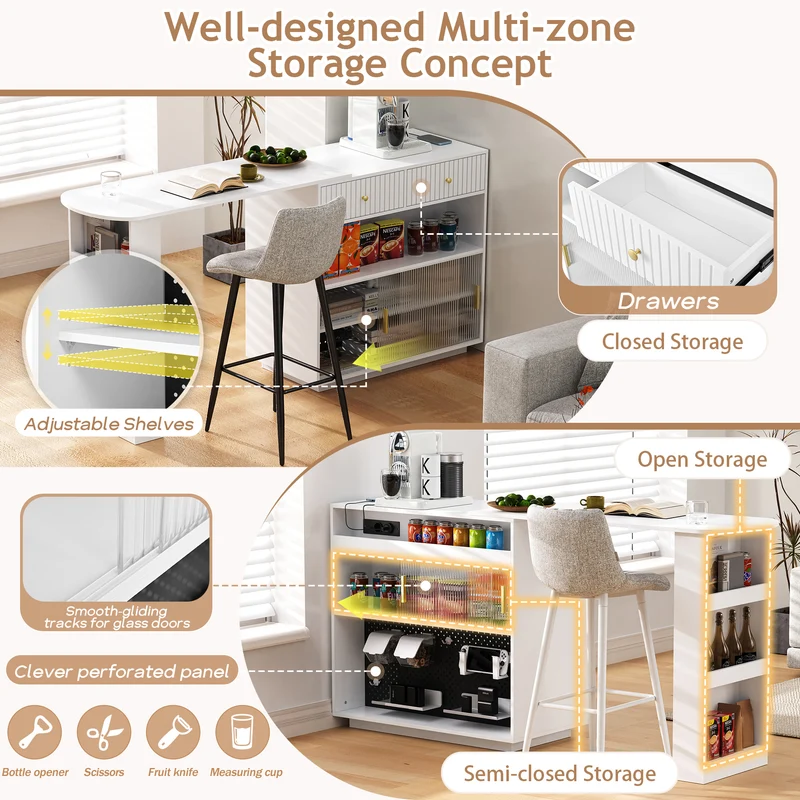 Table de bar blanc rotatif 360° portes en verre avec LED et prises CASCADERIFTXX