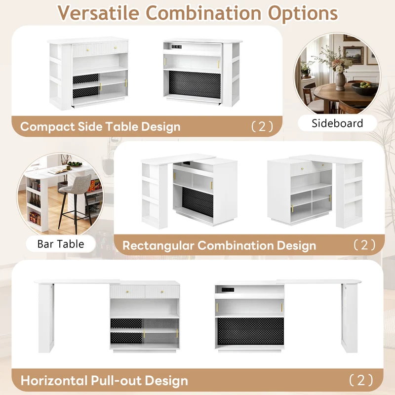 Table de bar blanc rotatif 360° portes en verre avec LED et prises CASCADERIFTXX