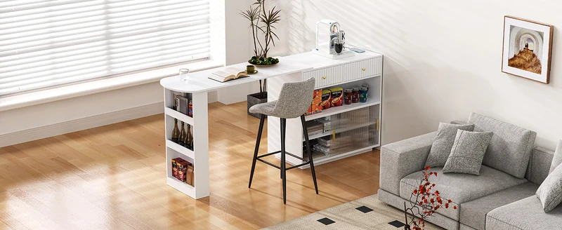 Table de bar blanc rotatif 360° portes en verre avec LED et prises CASCADERIFTXX