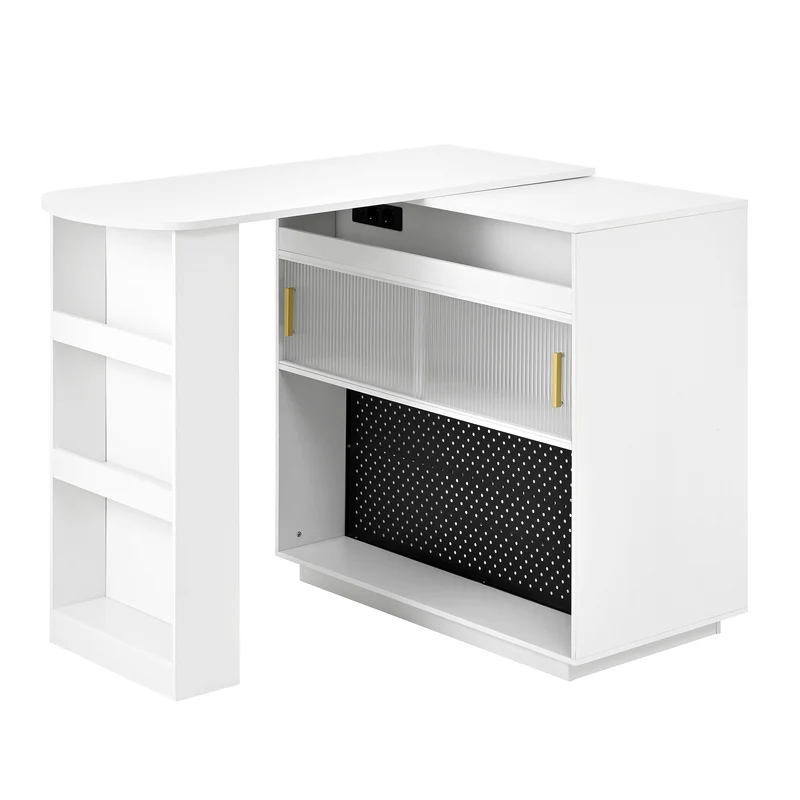 Table de bar blanc rotatif 360° portes en verre avec LED et prises CASCADERIFTXX
