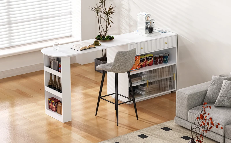 Table de bar blanc rotatif 360° portes en verre avec LED et prises CASCADERIFTXX
