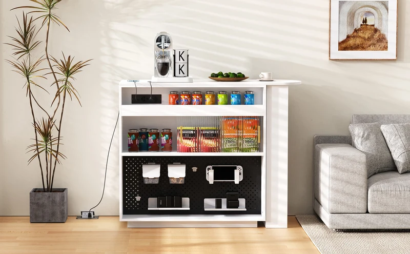 Table de bar blanc rotatif 360° portes en verre avec LED et prises CASCADERIFTXX