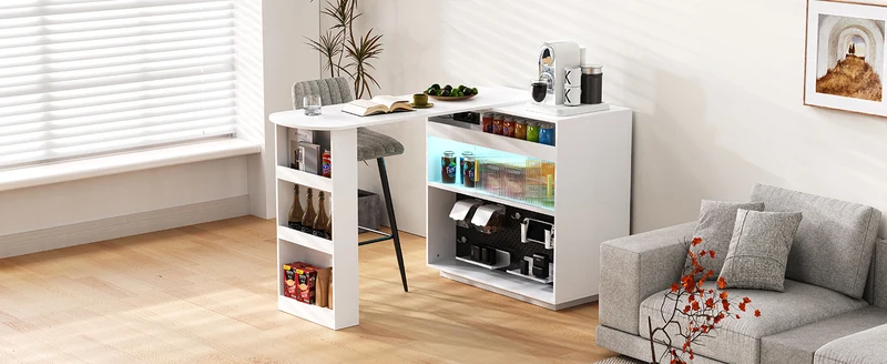 Table de bar blanc rotatif 360° portes en verre avec LED et prises CASCADERIFTXX