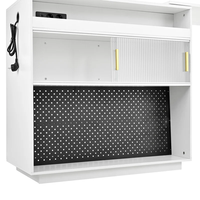Table de bar blanc rotatif 360° portes en verre avec LED et prises CASCADERIFTXX