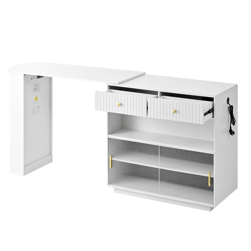 Table de bar blanc rotatif 360° portes en verre avec LED et prises CASCADERIFTXX