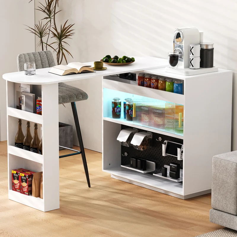 Table de bar blanc rotatif 360° portes en verre avec LED et prises CASCADERIFTXX