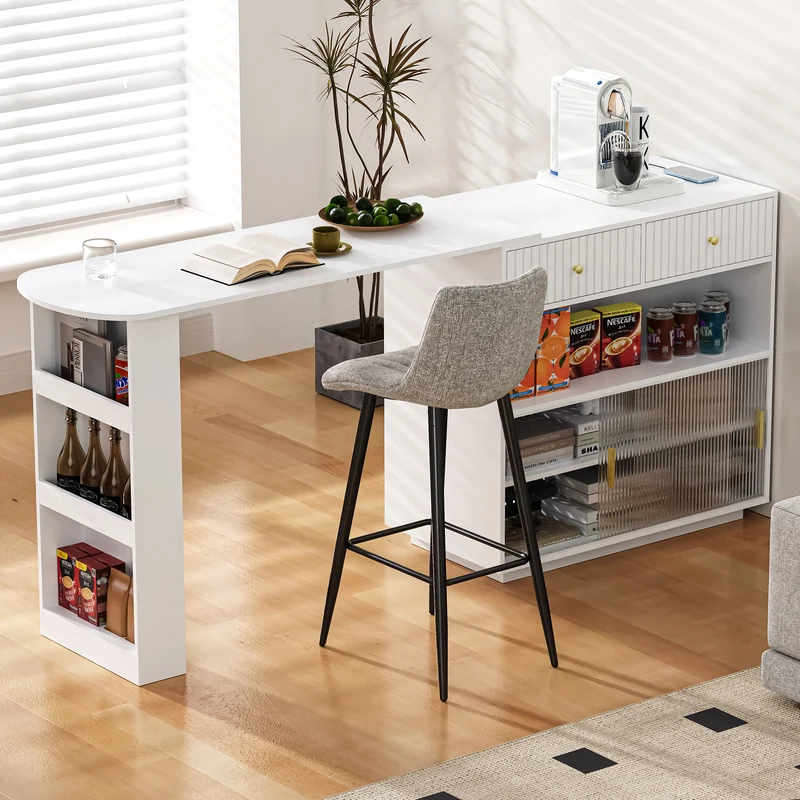 Table de bar blanc rotatif 360° portes en verre avec LED et prises CASCADERIFTXX
