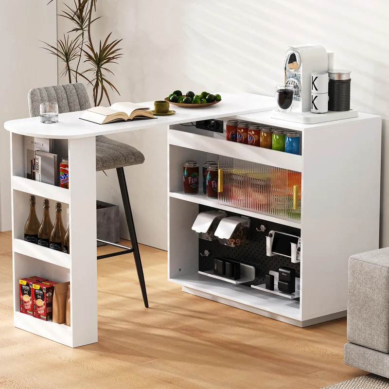 Table de bar blanc rotatif 360° portes en verre avec LED et prises CASCADERIFTXX