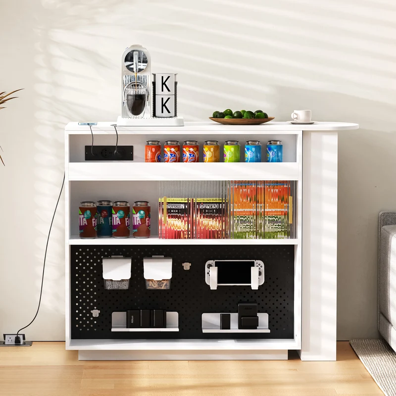 Table de bar blanc rotatif 360° portes en verre avec LED et prises CASCADERIFTXX