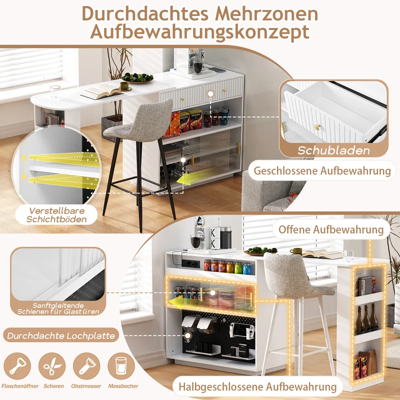 Table de bar blanc rotatif 360° portes en verre avec LED et prises CASCADERIFTXX
