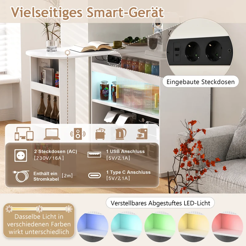 Table de bar blanc rotatif 360° portes en verre avec LED et prises CASCADERIFTXX