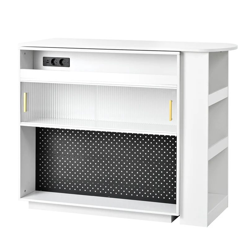Table de bar blanc rotatif 360° portes en verre avec LED et prises CASCADERIFTXX