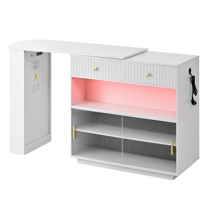 Table de bar blanc rotatif 360° portes en verre avec LED et prises CASCADERIFTXX