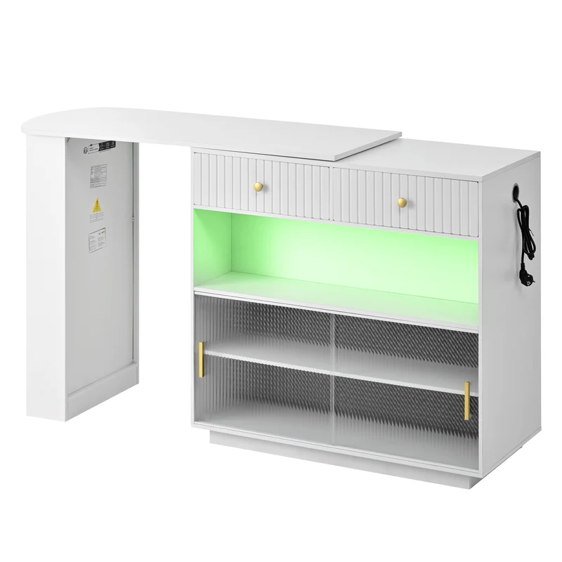 Table de bar blanc rotatif 360° portes en verre avec LED et prises CASCADERIFTXX