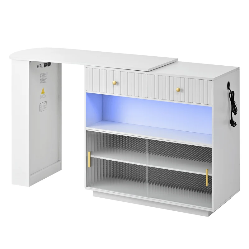 Table de bar blanc rotatif 360° portes en verre avec LED et prises CASCADERIFTXX