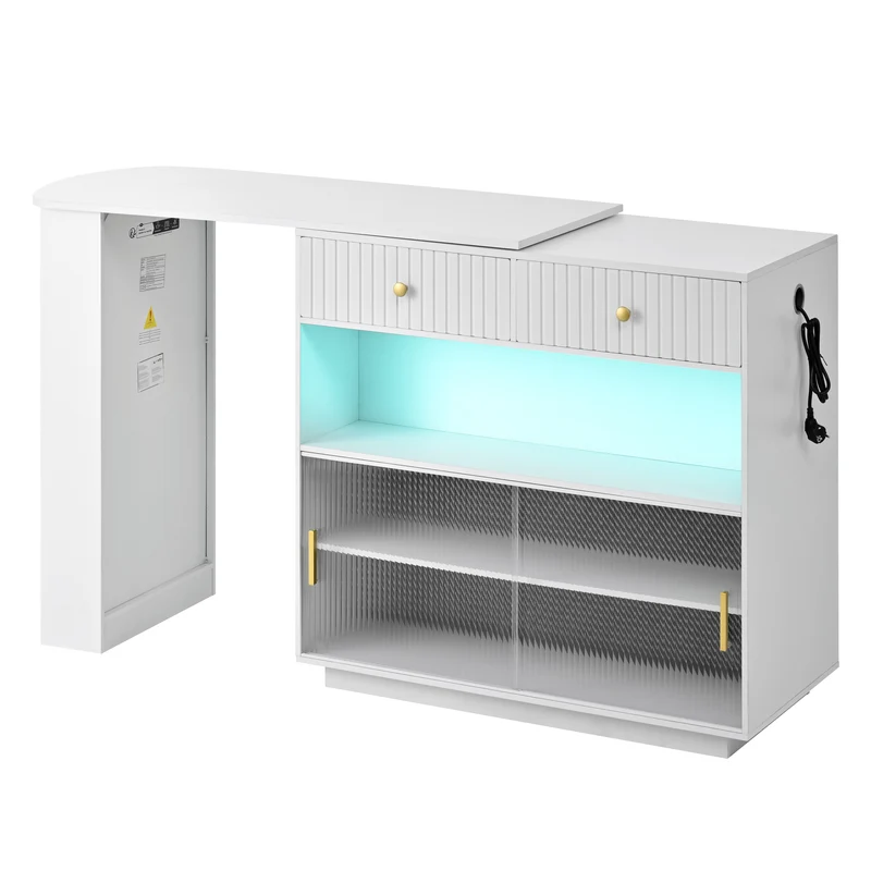 Table de bar blanc rotatif 360° portes en verre avec LED et prises CASCADERIFTXX