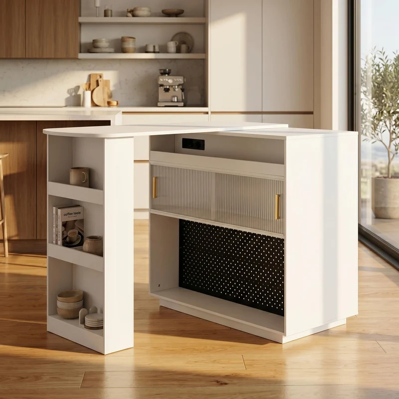 Table de bar blanc rotatif 360° portes en verre avec LED et prises CASCADERIFTXX