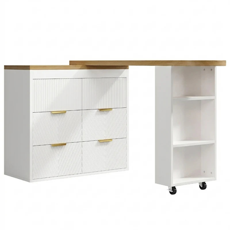 Table de bar extensible blanc effet bois, 360° pivotant et 6 tiroirs 128-203cm CASCADEMOMENTUU