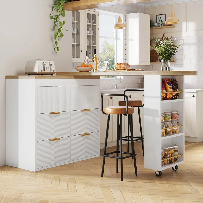 Table de bar extensible blanc effet bois, 360° pivotant et 6 tiroirs 128-203cm CASCADEMOMENTUU