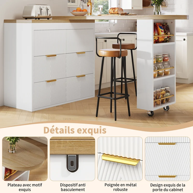 Table de bar extensible blanc effet bois, 360° pivotant et 6 tiroirs 128-203cm CASCADEMOMENTUU