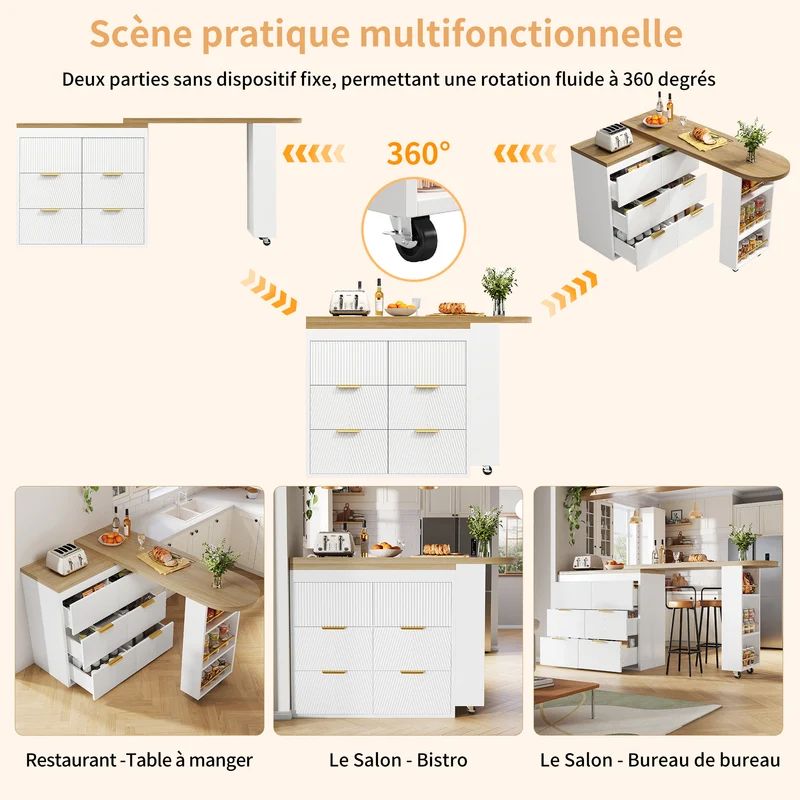 Table de bar extensible blanc effet bois, 360° pivotant et 6 tiroirs 128-203cm CASCADEMOMENTUU