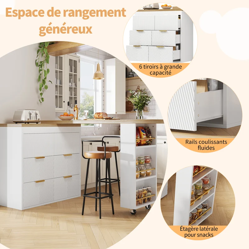 Table de bar extensible blanc effet bois, 360° pivotant et 6 tiroirs 128-203cm CASCADEMOMENTUU