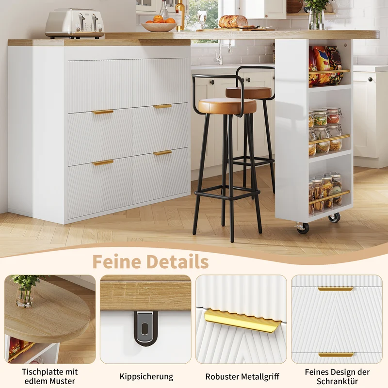 Table de bar extensible blanc effet bois, 360° pivotant et 6 tiroirs 128-203cm CASCADEMOMENTUU