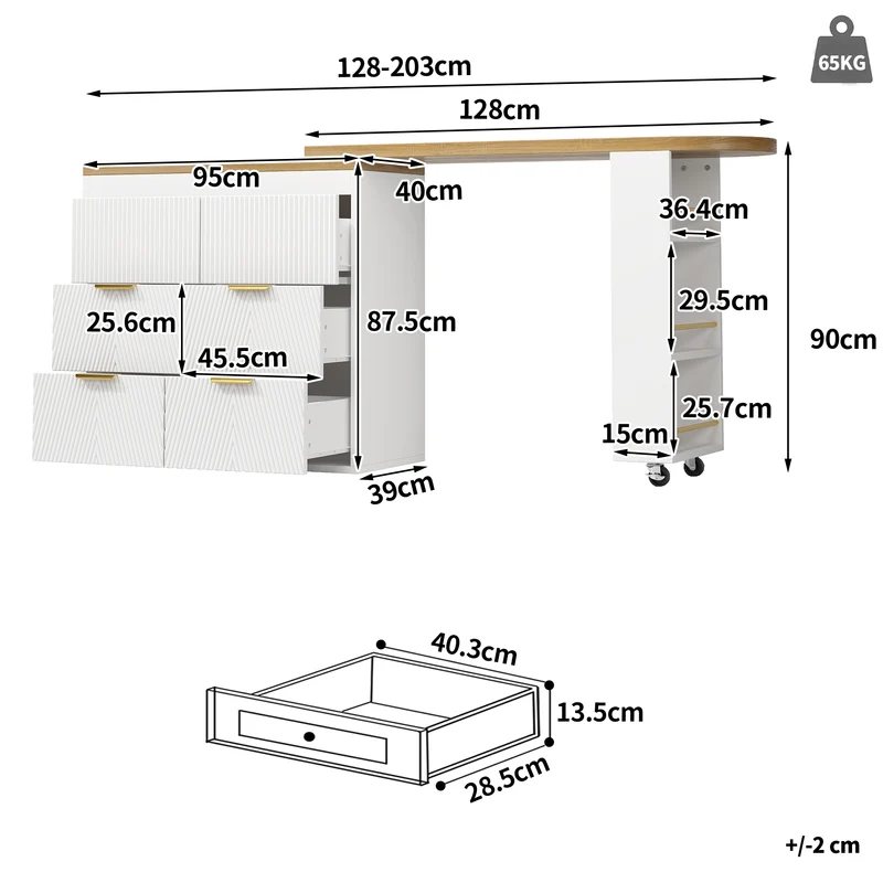 Table de bar extensible blanc effet bois, 360° pivotant et 6 tiroirs 128-203cm CASCADEMOMENTUU
