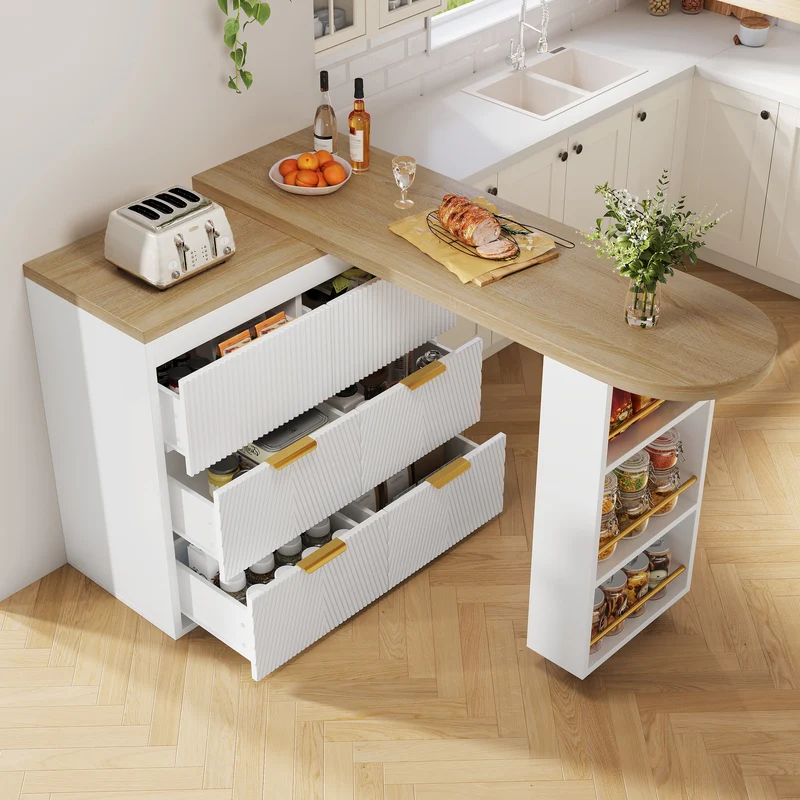 Table de bar extensible blanc effet bois, 360° pivotant et 6 tiroirs 128-203cm CASCADEMOMENTUU