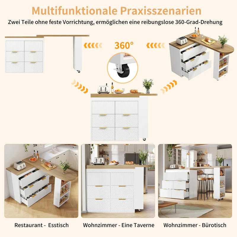 Table de bar extensible blanc effet bois, 360° pivotant et 6 tiroirs 128-203cm CASCADEMOMENTUU