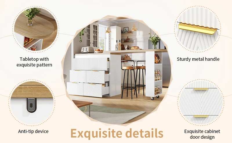 Table de bar extensible blanc effet bois, 360° pivotant et 6 tiroirs 128-203cm CASCADEMOMENTUU