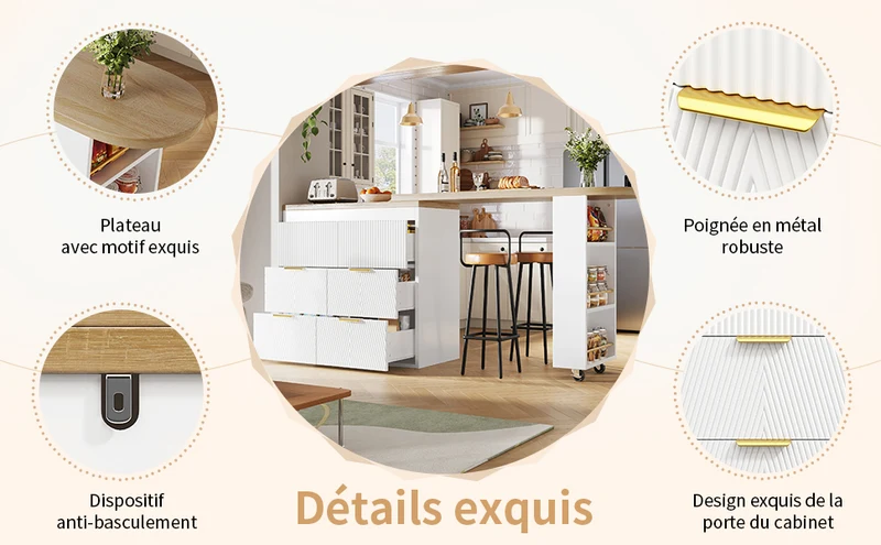 Table de bar extensible blanc effet bois, 360° pivotant et 6 tiroirs 128-203cm CASCADEMOMENTUU