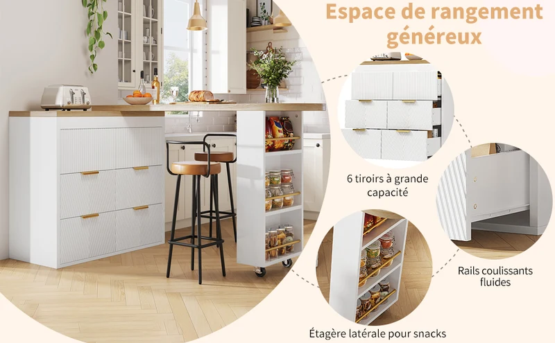 Table de bar extensible blanc effet bois, 360° pivotant et 6 tiroirs 128-203cm CASCADEMOMENTUU
