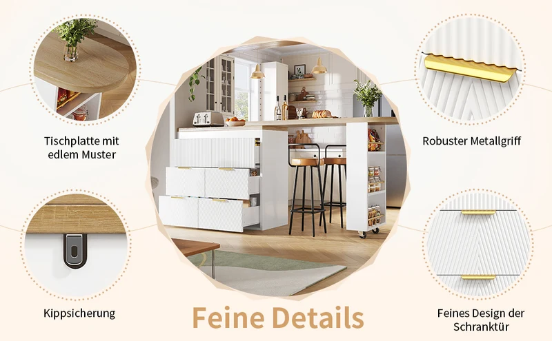 Table de bar extensible blanc effet bois, 360° pivotant et 6 tiroirs 128-203cm CASCADEMOMENTUU