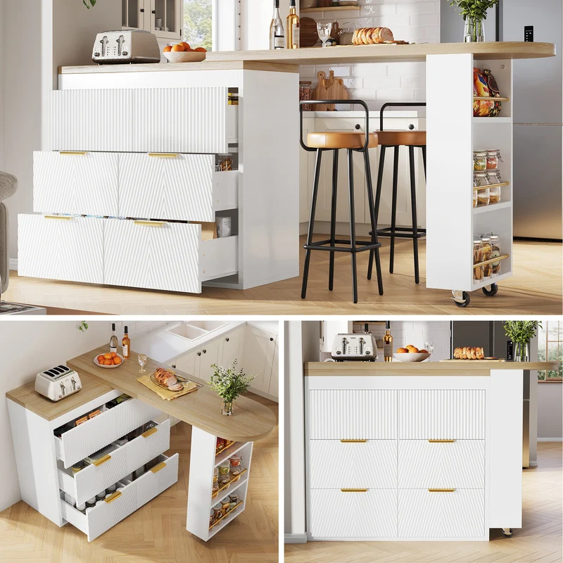 Table de bar extensible blanc effet bois, 360° pivotant et 6 tiroirs 128-203cm CASCADEMOMENTUU