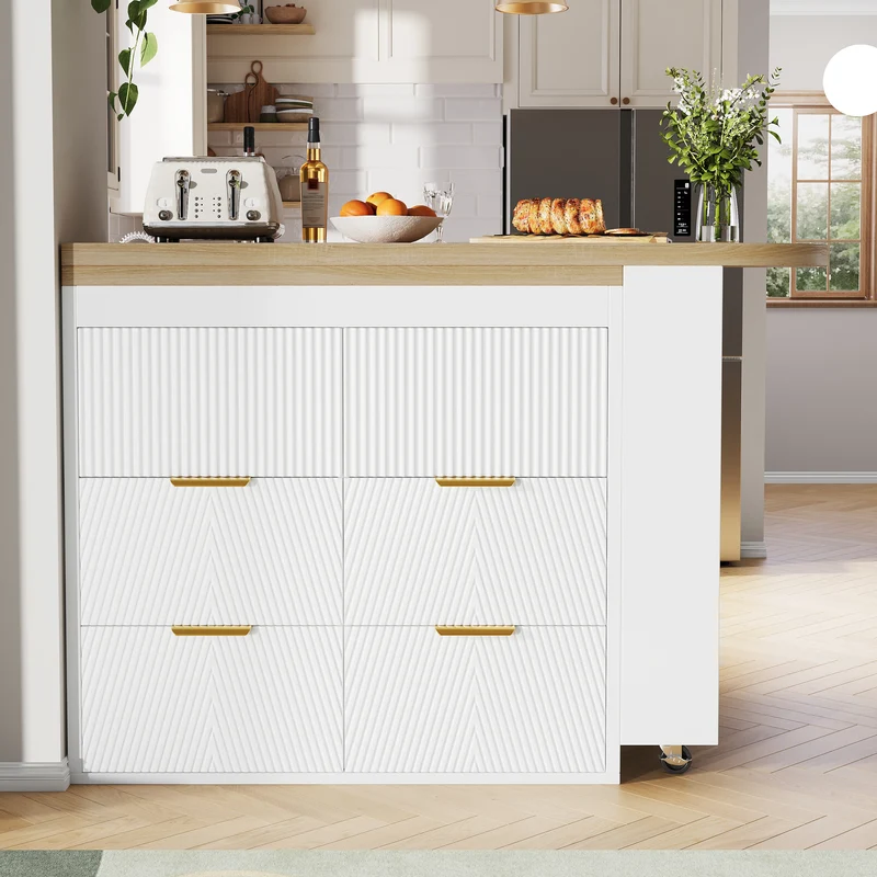 Table de bar extensible blanc effet bois, 360° pivotant et 6 tiroirs 128-203cm CASCADEMOMENTUU