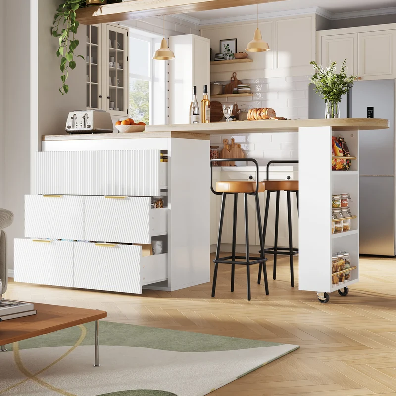 Table de bar extensible blanc effet bois, 360° pivotant et 6 tiroirs 128-203cm CASCADEMOMENTUU