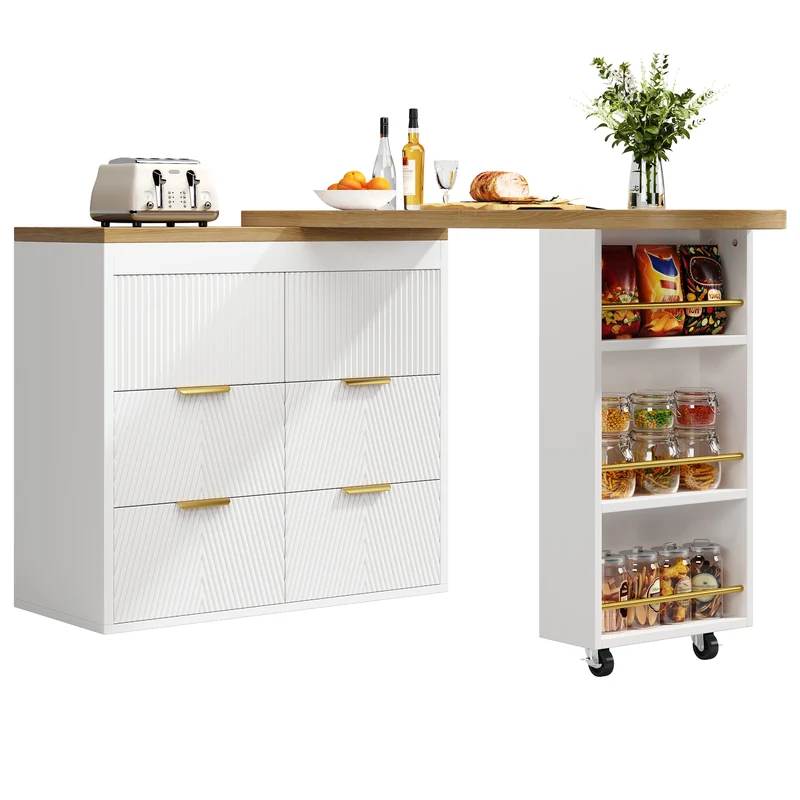 Table de bar extensible blanc effet bois, 360° pivotant et 6 tiroirs 128-203cm CASCADEMOMENTUU