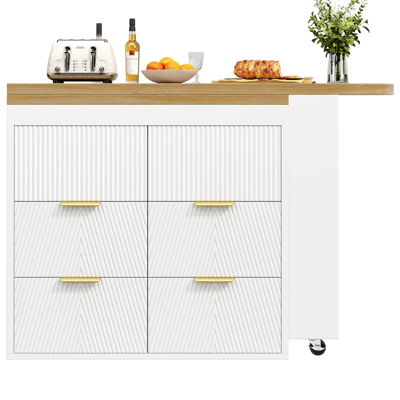 Table de bar extensible blanc effet bois, 360° pivotant et 6 tiroirs 128-203cm CASCADEMOMENTUU