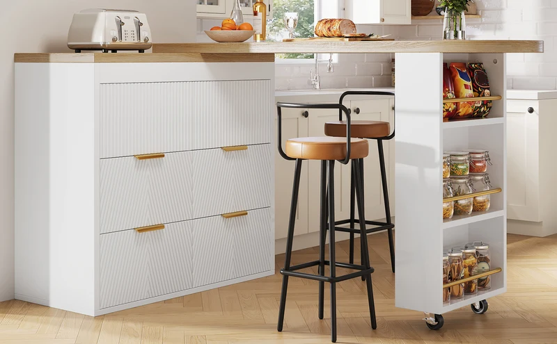 Table de bar extensible blanc effet bois, 360° pivotant et 6 tiroirs 128-203cm CASCADEMOMENTUU