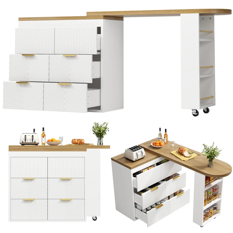 Table de bar extensible blanc effet bois, 360° pivotant et 6 tiroirs 128-203cm CASCADEMOMENTUU